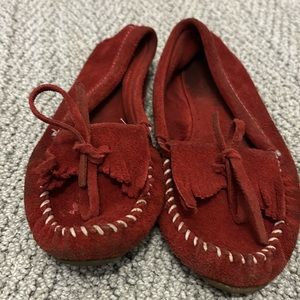 red Minnetonka driving moccasins